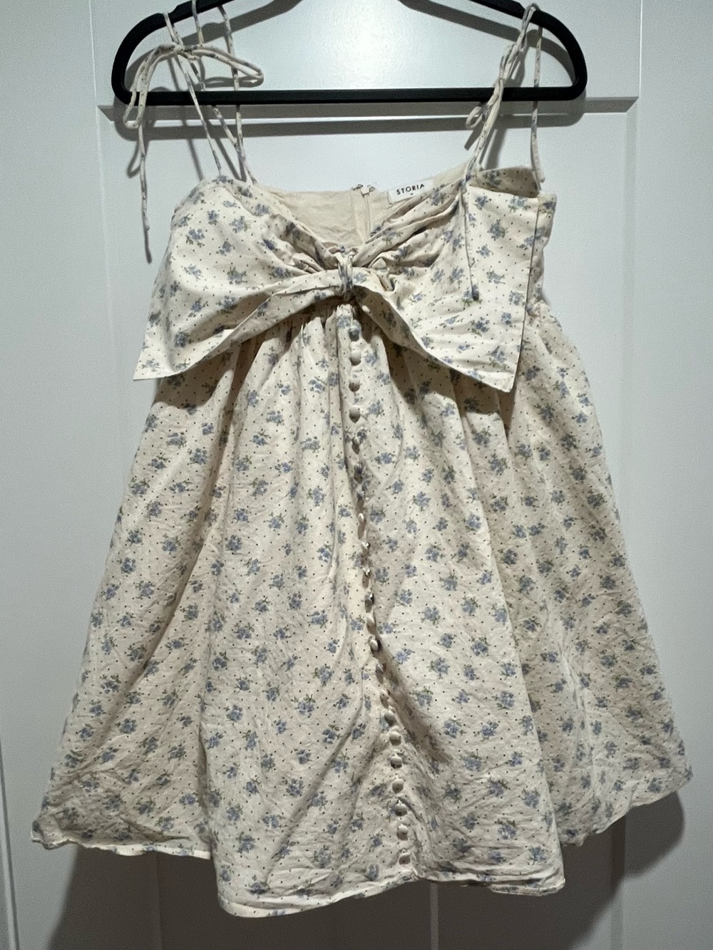 Storia Cream Ditsy Floral Bow Front Babydoll Mini 100% Cotton Dress Size Medium